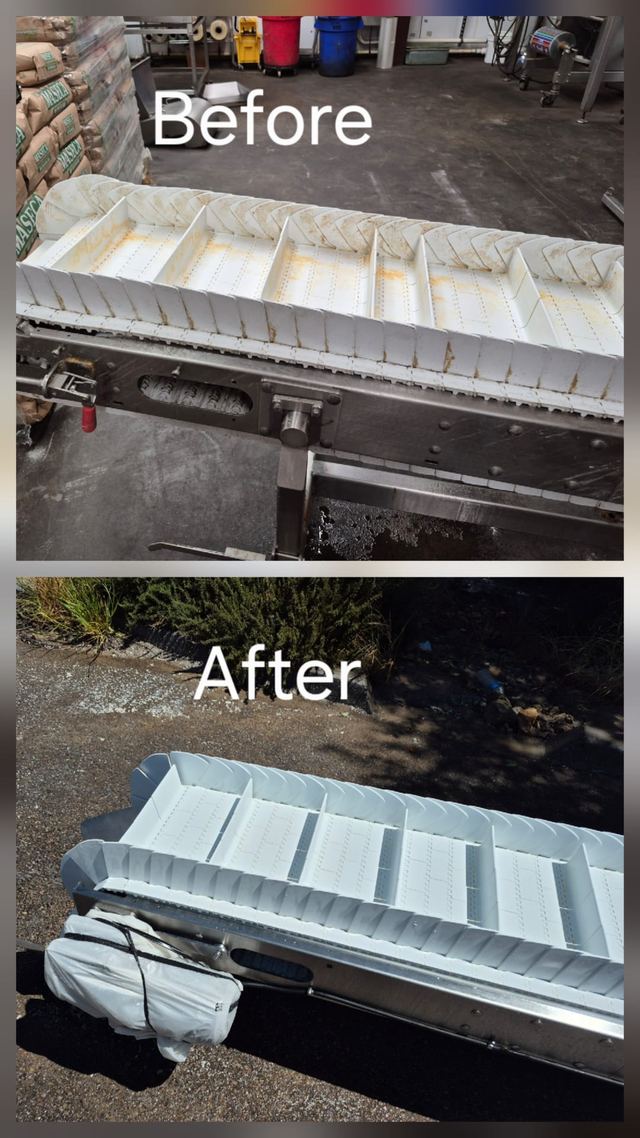 Food-plant conveyor line — before and after cleaning
