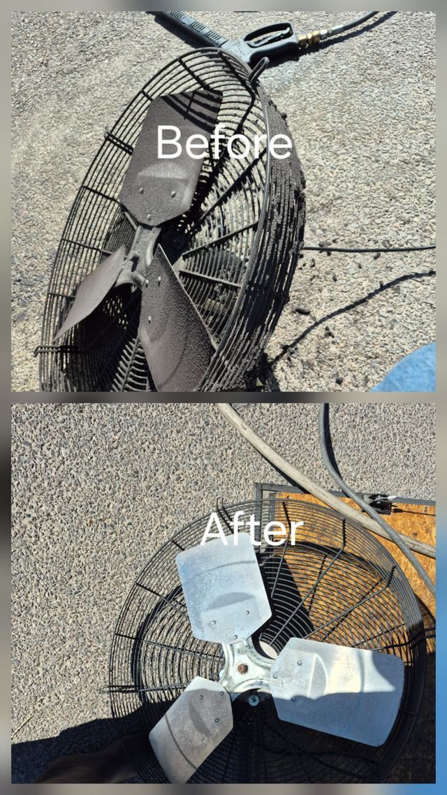 Exhaust fan blades and guard — before and after cleaning