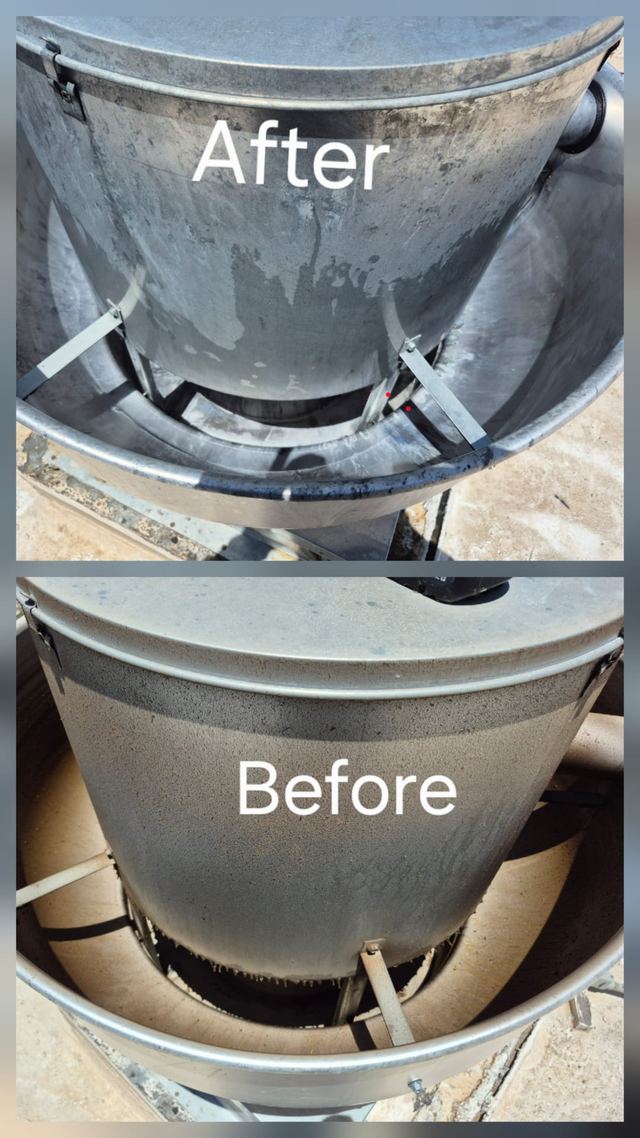 Rooftop upblast exhaust fan — before and after cleaning